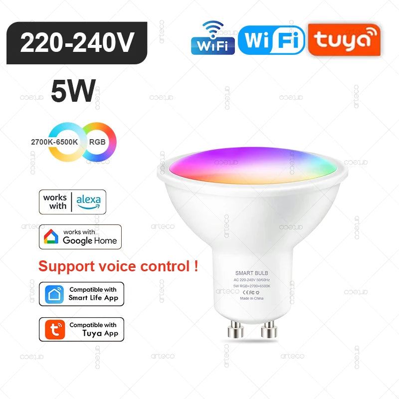 Tuya Smart RGB LED Bulb WiFi Zigbee Bluetooth Dimmable Alexa Google Compatible Light (E27 E14 GU10) 2700-6500Kk With Alexa Amazon Google