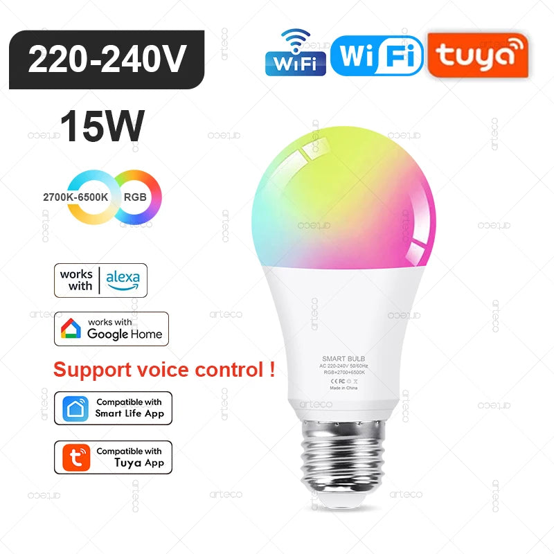 Tuya Smart RGB LED Bulb WiFi Zigbee Bluetooth Dimmable Alexa Google Compatible Light (E27 E14 GU10) 2700-6500Kk With Alexa Amazon Google