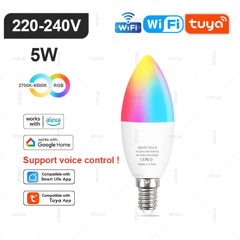 Tuya Smart RGB LED Bulb WiFi Zigbee Bluetooth Dimmable Alexa Google Compatible Light (E27 E14 GU10) 2700-6500Kk With Alexa Amazon Google