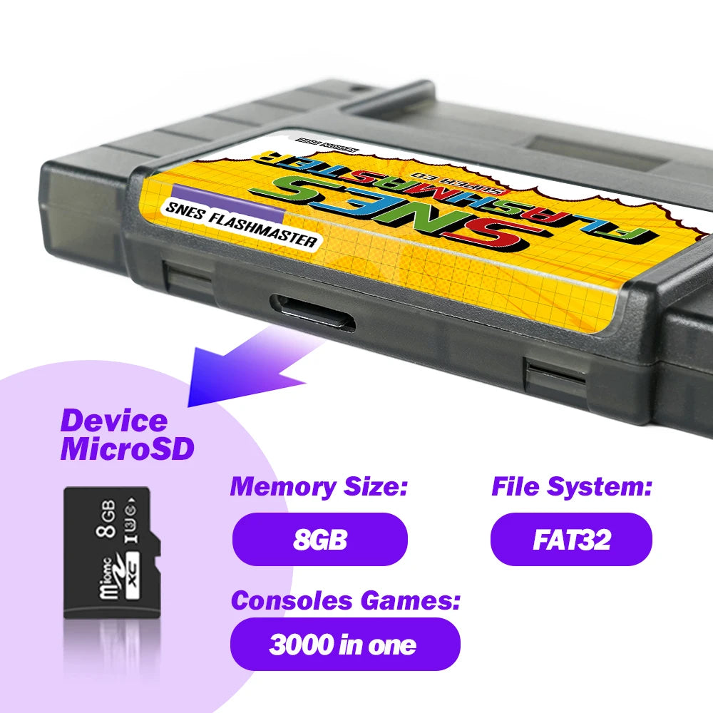 SNES Flashmaster Cartridge OS V12 3000 in 1 Game Card with 8GB TF for Nintendo SNES