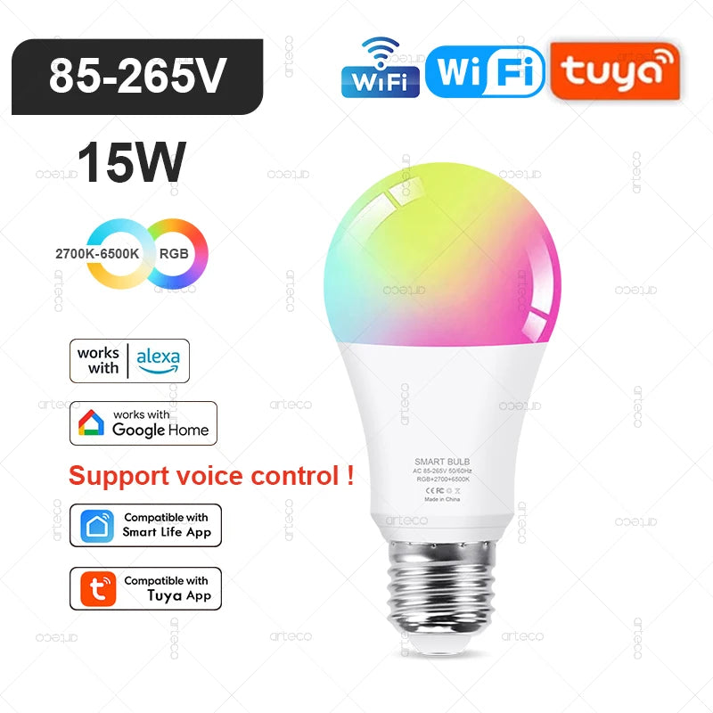 Tuya Smart RGB LED Bulb WiFi Zigbee Bluetooth Dimmable Alexa Google Compatible Light (E27 E14 GU10) 2700-6500Kk With Alexa Amazon Google