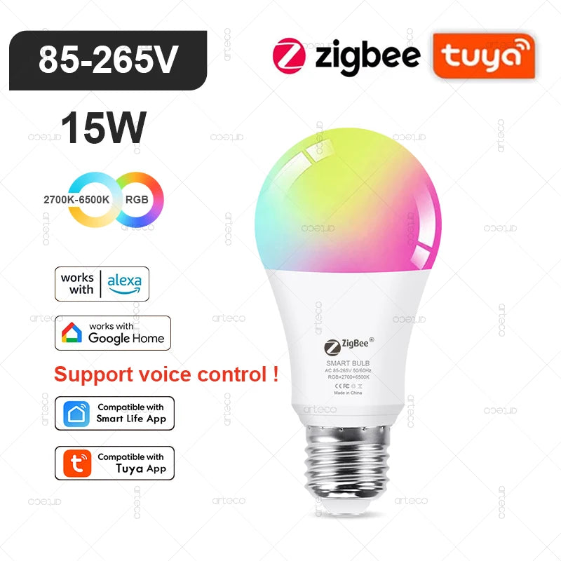 Tuya Smart RGB LED Bulb WiFi Zigbee Bluetooth Dimmable Alexa Google Compatible Light (E27 E14 GU10) 2700-6500Kk With Alexa Amazon Google