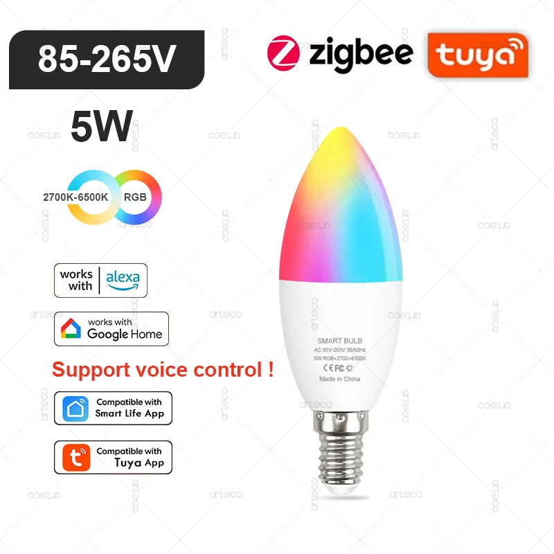 Tuya Smart RGB LED Bulb WiFi Zigbee Bluetooth Dimmable Alexa Google Compatible Light (E27 E14 GU10) 2700-6500Kk With Alexa Amazon Google